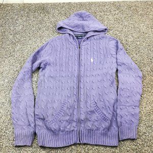 Ralph Lauren Sport Sweater Cable Knit Cotton Hooded Purple Womens Large